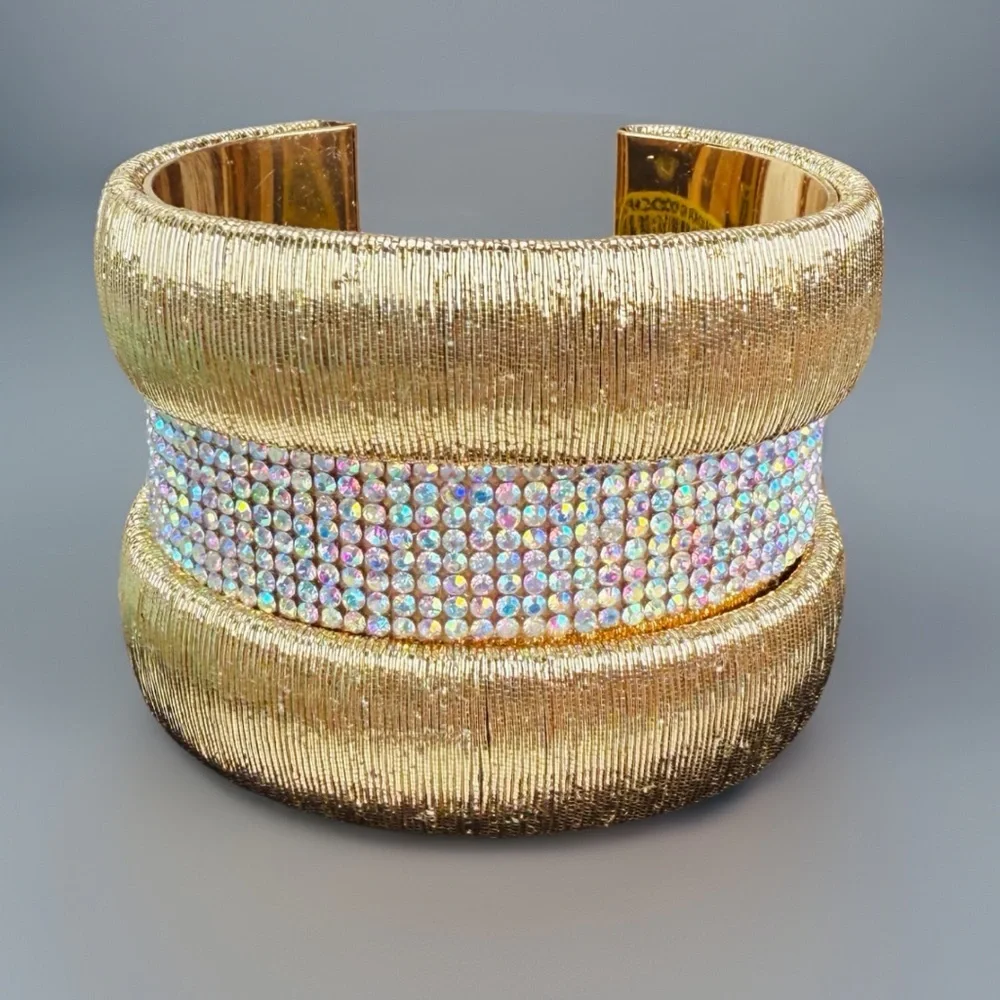 Chunky wide band, aged goldtone, iridescent cuff bracelet